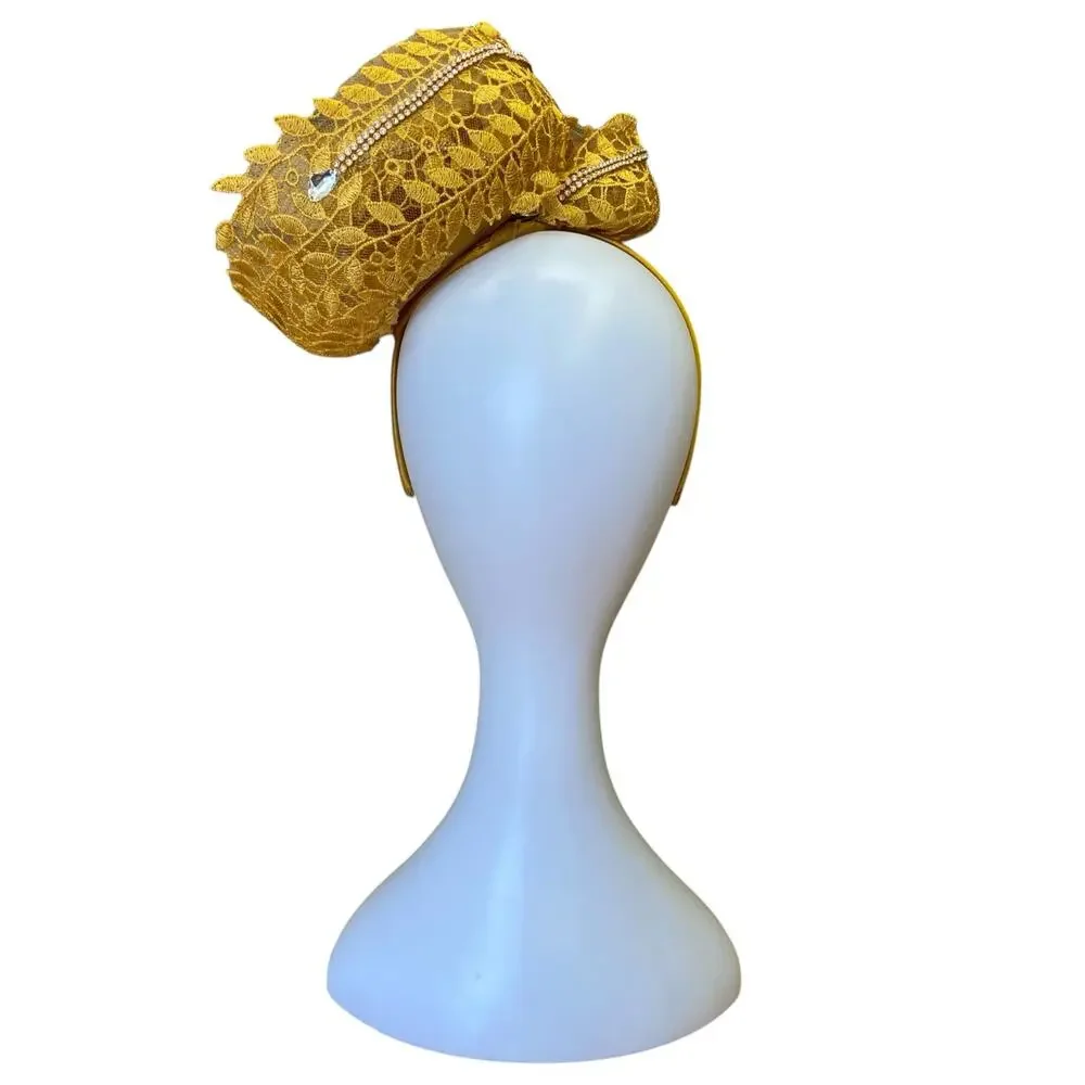 Y2K Gold Fascinator Headband – Rhinestone Leaf Appliqué w/ Satin Rose - Picture 3 of 8